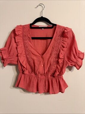 Love Tree Coral Ruffle Lace-Trim Button V-Neck Blouse